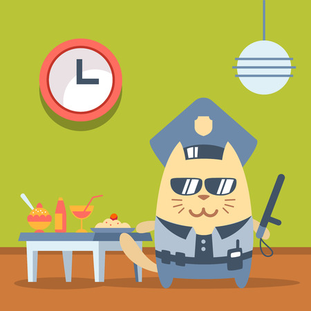 Character police in officer's cap and in the form of police with a official stick colorful flat. Cat male stands in a cafe near the table with food holding a official stickのイラスト素材