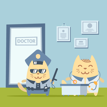Character police in officer's cap and in the form of police with a official stick colorful flat. Cat male stands the doctor's office at the table holding a official stickのイラスト素材
