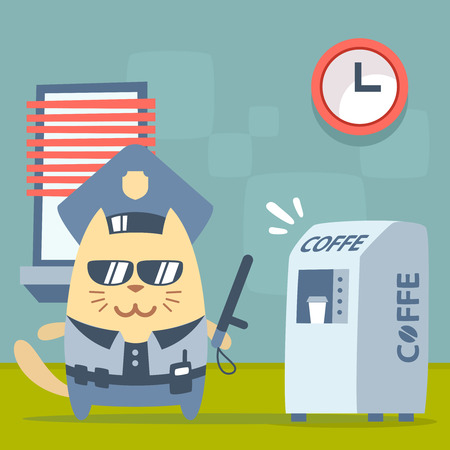 Character police in officer's cap and in the form of police with a official stick colorful flat. Cat male stands indoors near the coffee machine, coffee break holding a official stickのイラスト素材