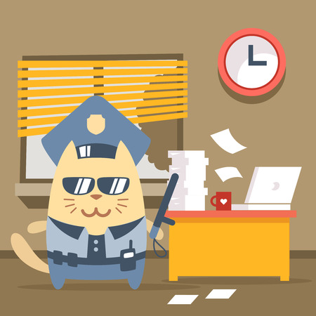 Character police in officer's cap and in the form of police with a official stick colorful flat. Cat male stands indoors at the table with a laptop and piles of paper documents holding a official stickのイラスト素材