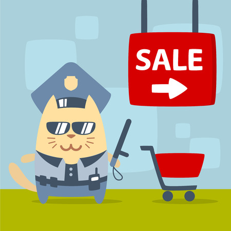 Character police in officer's cap and in the form of police with a official stick colorful flat. Cat male stands in the store near the shopping cart holding a official stickのイラスト素材