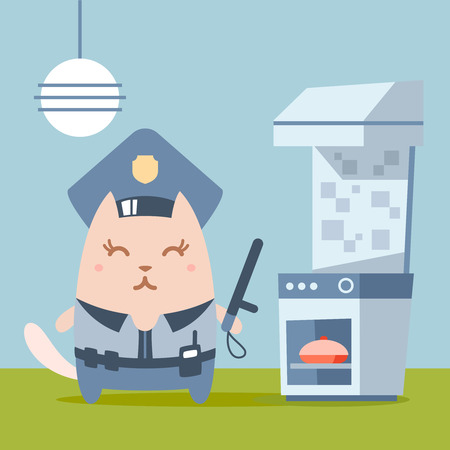 Character police in officer's cap and in the form of police with a official stick colorful flat. Cat female stands in the kitchen near the stove holding a  official stickのイラスト素材
