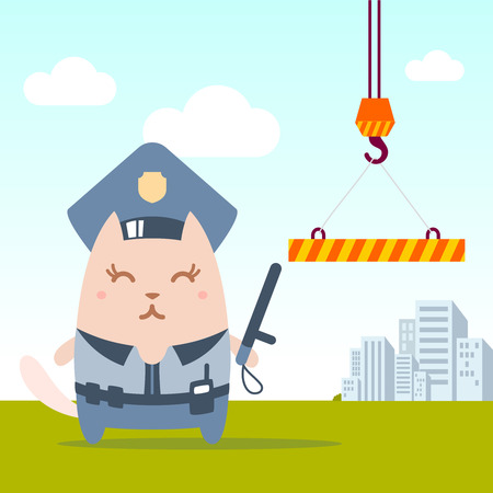 Character police in officer's cap and in the form of police with a official stick colorful flat. Cat female stands near the crane on the street  holding a   official stickのイラスト素材