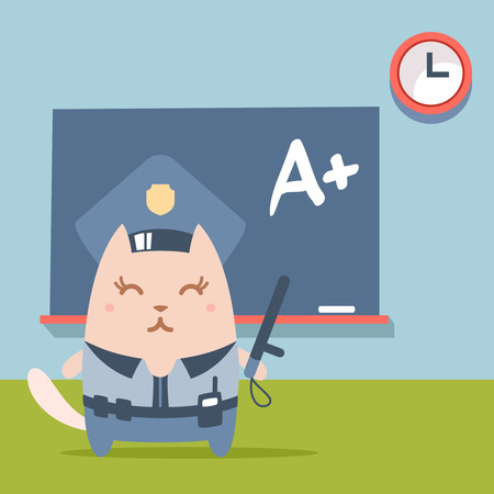 Character police in officer's cap and in the form of police with a official stick colorful flat.  Cat fefemale stands near blackboard in classroom  holding a   official stickのイラスト素材