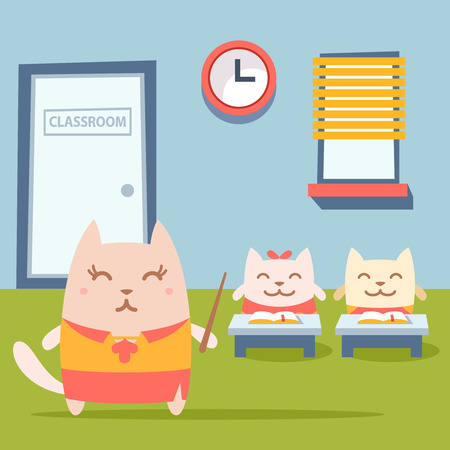 Character  teacher in a woman business suit colorful flat. Cat female stands near desks in the classroom  holding a pointerのイラスト素材