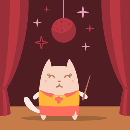 Character  teacher in a woman business suit colorful flat. Cat female performs on stage holding a pointerのイラスト素材