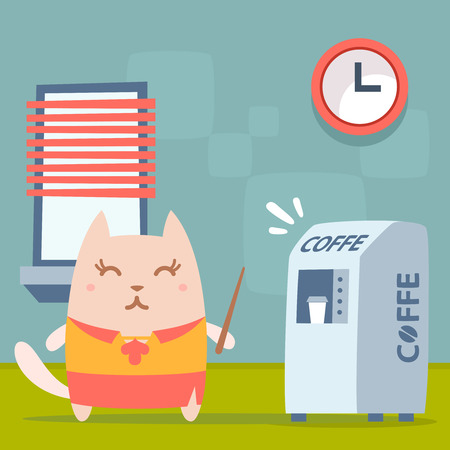 Character   teacher in a woman business suit colorful flat. Cat female stands indoors near the coffee machine, coffee break  holding a pointerのイラスト素材