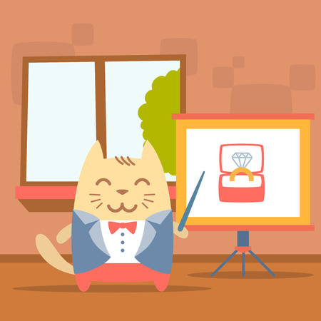 Character groom in a wedding suit colorful flat. Cat male stands indoors with window near blackboard for notes holding a pointerのイラスト素材