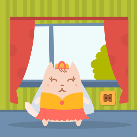 Character bride in a wedding dress with veil colorful flat. Cat female stands in a residential apartment near the windowのイラスト素材