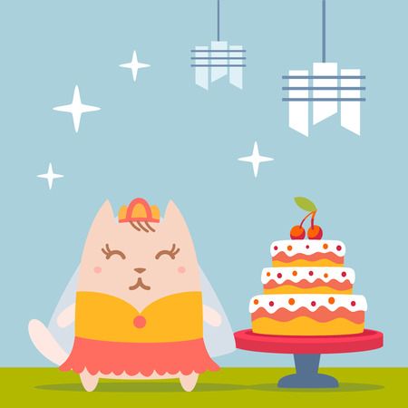 Character bride in a wedding dress with veil colorful flat. Cat female stands near the big beautiful cakeのイラスト素材