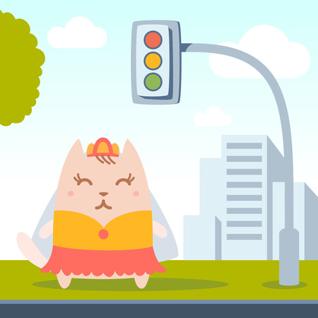Character bride in a wedding dress with veil colorful flat. Cat female stands on a city street near the traffic lightsのイラスト素材