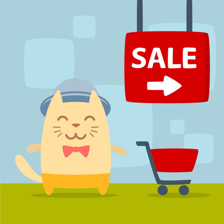 Character musician in costume, hat and bow tie  colorful flat. Cat male stands in the store near the shopping cartのイラスト素材
