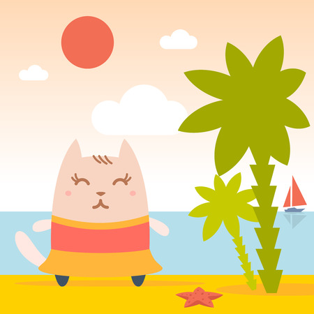 Character dancer in dress colorful flat. Cat female stands on the beach near the sea and palm treesのイラスト素材