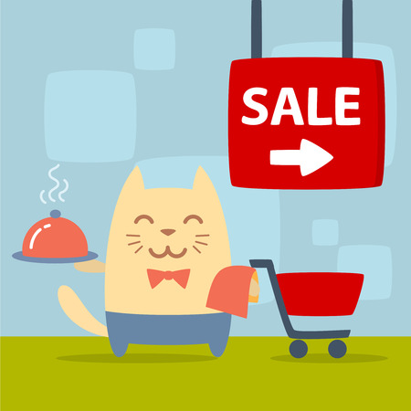 Character  waiter uniform and bow tie colorful flat. Cat male stands in the store near the shopping cart holding a towel and trayのイラスト素材