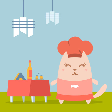 Character chef in a chef's hat colorful flat. Cat female stands in a cafe near decorated tableのイラスト素材