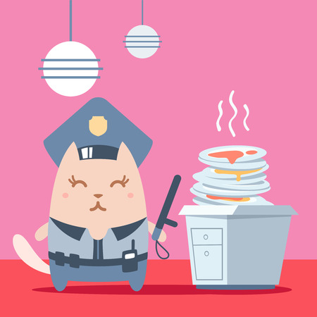 Character police in officer's cap and in the form of police with a official stick colorful flat. Cat female stands in the kitchen near a pile of dirty dishes holding a  official stickのイラスト素材