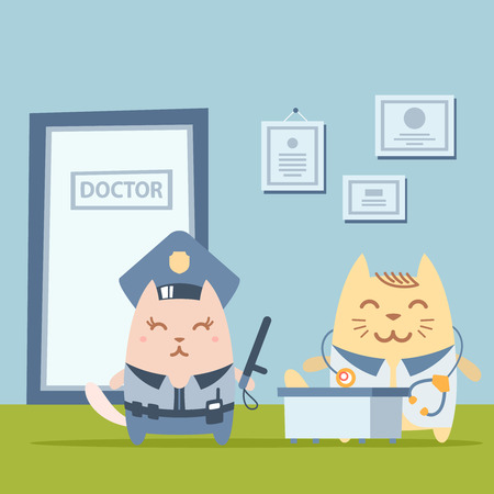 Character  police in officer's cap and in the form of police with a official stick colorful flat. Cat female stands the doctor's office at the table  holding a   official stickのイラスト素材