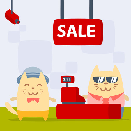Character musician in costume, hat and bow tie  colorful flat. Cat male stands in the store near the cash registerのイラスト素材
