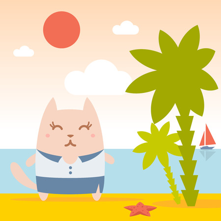 Character businesswoman in woman business suit colorful flat. Cat female stands on the beach near the sea and palm treesのイラスト素材
