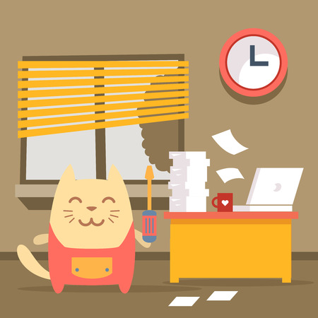 Character  home handyman in uniform colorful flat. Cat male stands indoors at the table with a laptop and piles of paper documents holding  a screwdriverのイラスト素材