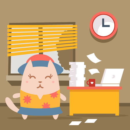 Character tourist wearing sunglasses, hat and a shirt with flowers colorful flat. Cat female stands indoors at the table with a laptop and piles of paper documentsのイラスト素材