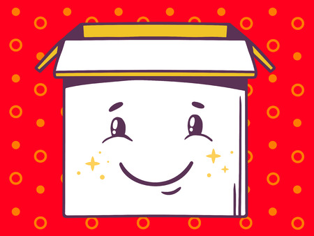 Vector illustration of open box with icon of  smile on red pattern background. Line art design for web, site, advertising, banner, poster, board and print.のイラスト素材