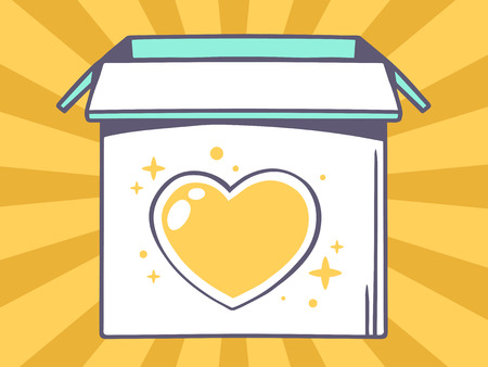 Vector illustration of open box with icon of  heart on yellow pattern background. Line art design for web, site, advertising, banner, poster, board and print.のイラスト素材
