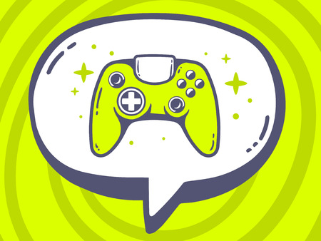 Vector illustration of speech bubble with icon of joystick on green pattern background. Line art design for web, site, advertising, banner, poster, board and print.のイラスト素材