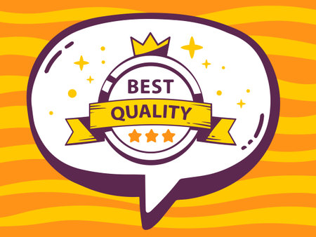 Vector illustration of speech bubble with icon of label best quality on yellow pattern background. Line art design for web, site, advertising, banner, poster, board and print.のイラスト素材