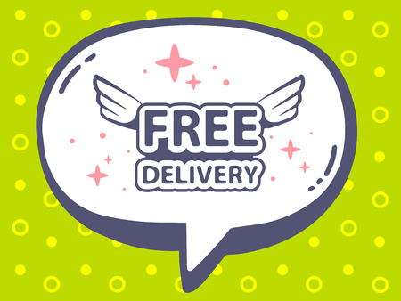 Vector illustration of speech bubble with icon of free delivery on green pattern background. Line art design for web, site, advertising, banner, poster, board and print.のイラスト素材