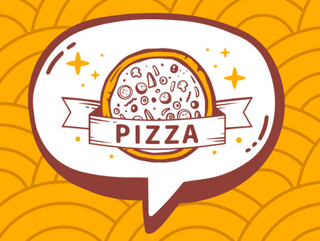 Vector illustration of speech bubble with icon of pizza on yellow pattern background. Line art design for web, site, advertising, banner, poster, board and print.のイラスト素材
