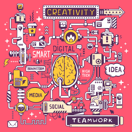 Vector illustration of a model work of a brain center of the company with key word and icon on a bright red background. Line art design for web, site, advertising, banner, poster, board and print.のイラスト素材