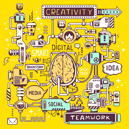 Vector illustration of a model work of a brain center of the company with key word and icon on a bright yellow background. Line art design for web, site, advertising, banner, poster, board and print.のイラスト素材