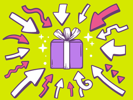 Vector illustration of arrows point to icon of gift box on green background. Line art design for web, site, advertising, banner, poster, board and print.のイラスト素材