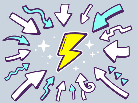 Vector illustration of arrows point to icon of lightning on gray background. Line art design for web, site, advertising, banner, poster, board and print.のイラスト素材