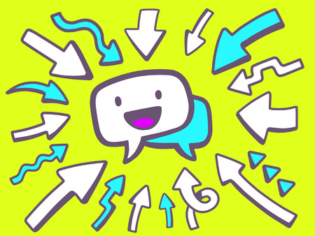 Vector illustration of arrows point to icon of speech bubble with smile on green background. Line art design for web, site, advertising, banner, poster, board and print.のイラスト素材
