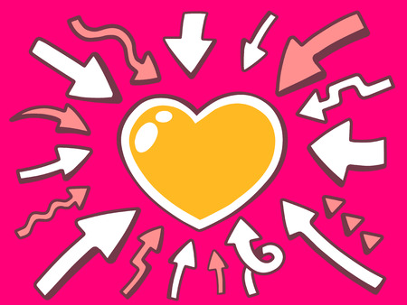 Vector illustration of arrows point to icon of heart on pink background. Line art design for web, site, advertising, banner, poster, board and print.のイラスト素材