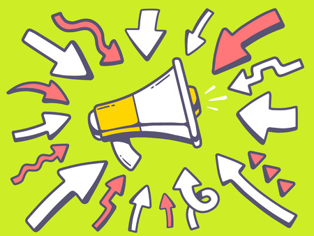 Vector illustration of arrows point to icon of megaphone on green background. Line art design for web, site, advertising, banner, poster, board and print.のイラスト素材