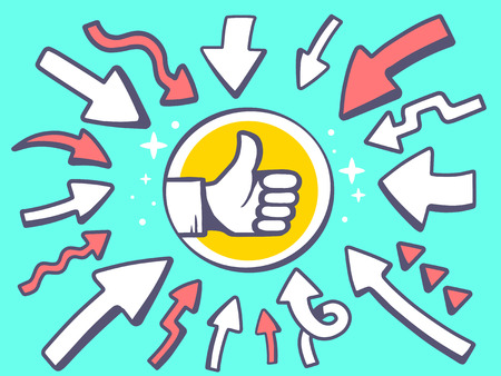 Vector illustration of arrows point to icon of thumb up on green background. Line art design for web, site, advertising, banner, poster, board and print.のイラスト素材