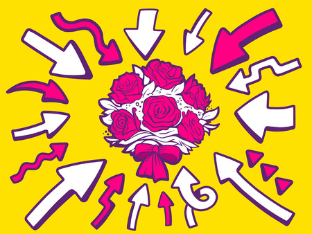 Vector illustration of arrows point to icon of bouquet of red flowers on yellow background. Line art design for web, site, advertising, banner, poster, board and print.のイラスト素材