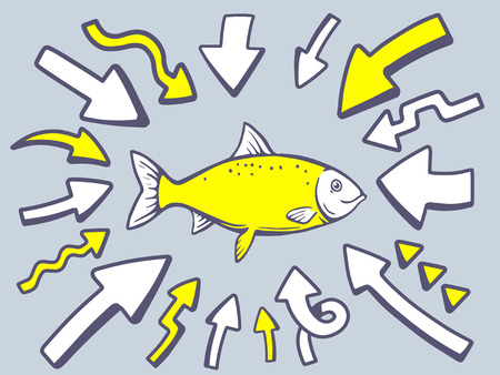 Vector illustration of arrows point to icon of fish on gray background. Line art design for web, site, advertising, banner, poster, board and print.のイラスト素材