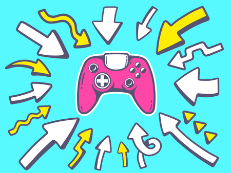 Vector illustration of arrows point to icon of joystick on blue background. Line art design for web, site, advertising, banner, poster, board and print.のイラスト素材