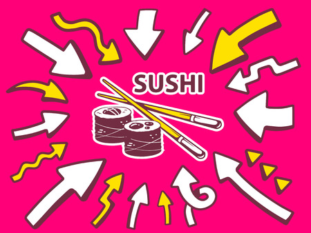 Vector illustration of arrows point to icon of sushi on pink background. Line art design for web, site, advertising, banner, poster, board and print.のイラスト素材