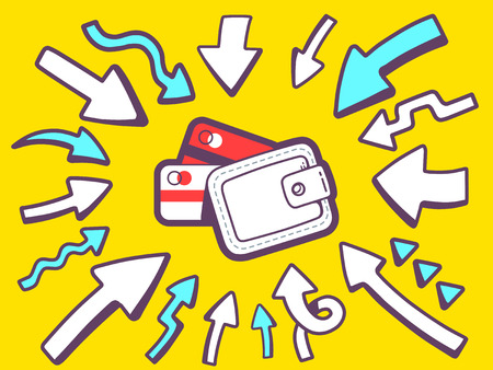 Vector illustration of arrows point to icon of money purse on yellow background. Line art design for web, site, advertising, banner, poster, board and print.のイラスト素材