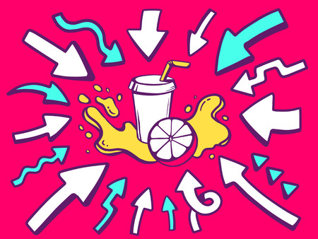 Vector illustration of arrows point to icon of fresh fruit juice on red background. Line art design for web, site, advertising, banner, poster, board and print.のイラスト素材