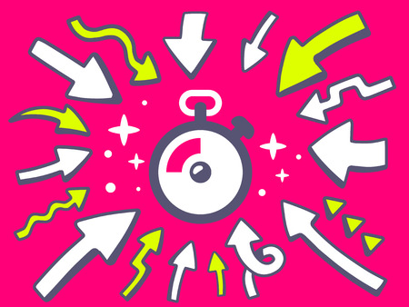 Vector illustration of arrows point to icon of  stopwatch on pink background. Line art design for web, site, advertising, banner, poster, board and print.のイラスト素材