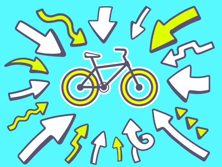 Vector illustration of arrows point to icon of  sport bike on blue background. Line art design for web, site, advertising, banner, poster, board and print.のイラスト素材