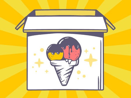 Vector illustration of open box with icon of  ice cream on yellow pattern background. Line art design for web, site, advertising, banner, poster, board and print.のイラスト素材