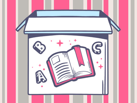 Vector illustration of open box with icon of  open book on pink and grey pattern background. Line art design for web, site, advertising, banner, poster, board and print.のイラスト素材