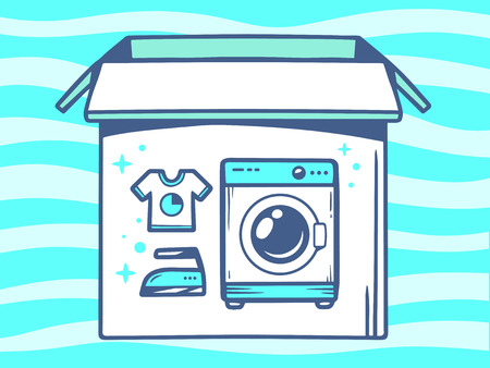 Vector illustration of open box with icon of  washing machine on blue pattern background. Line art design for web, site, advertising, banner, poster, board and print.のイラスト素材